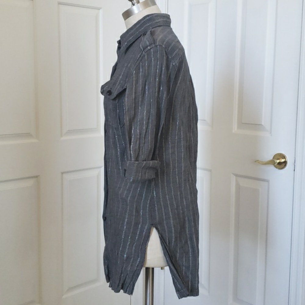 CHICO’S Metallic Silver Pinstripe Button Down Tunic Shirt Jacket Epaulettes Size - Picture 6 of 13